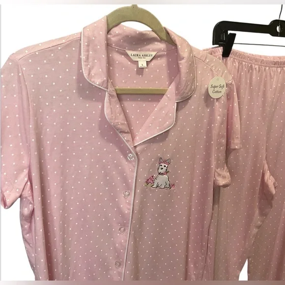 Laura Ashley Pajama Set Pink Polka Dot Sz L Scottie Dog 2pc PJs Cotton Sleepwear - Picture 3 of 10
